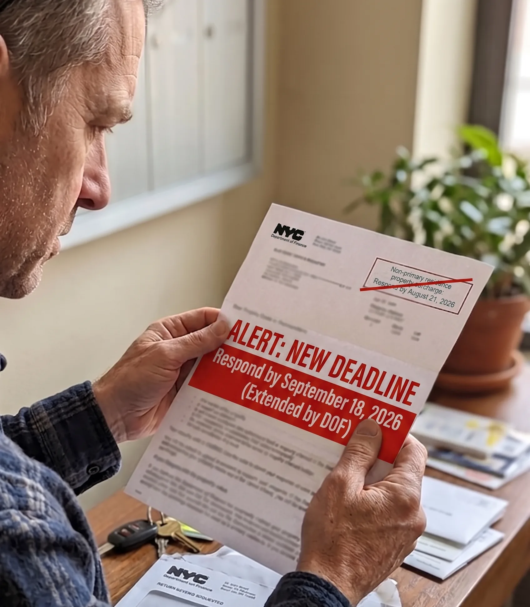NYC Department of Finance non-primary residence surcharge notice with the response deadline extended to September 18, 2026