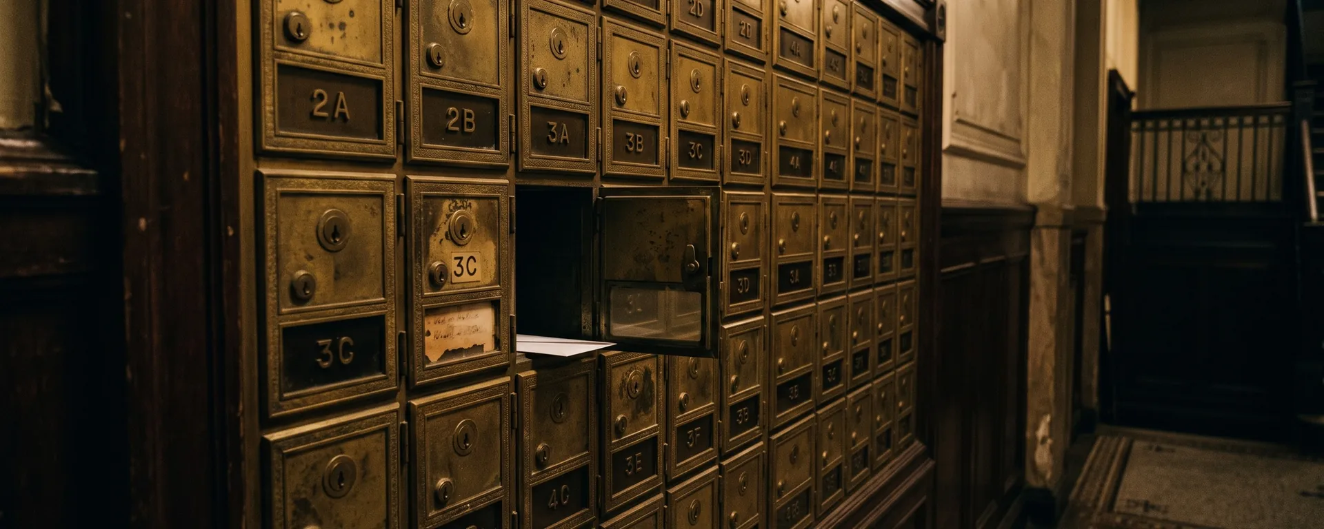 A wall of brass mailboxes in a prewar Manhattan lobby, one door open with a letter inside.