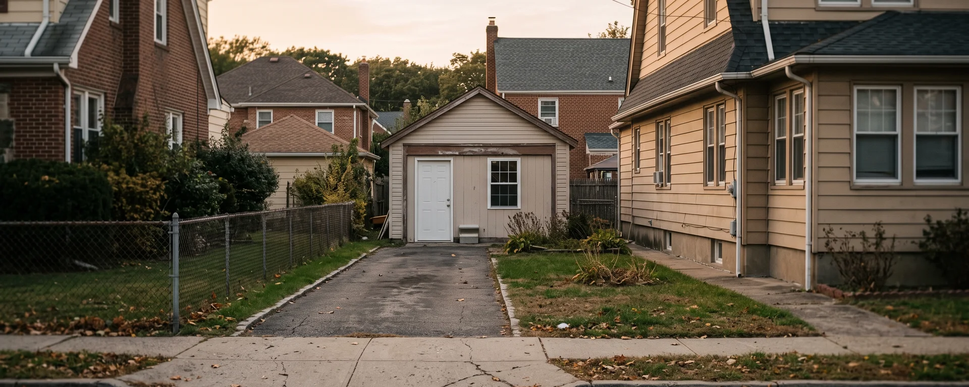 A detached one-car garage behind a house in southeast Queens converted into a small dwelling, its former garage door opening infilled with an entry door and a window, at the end of a driveway.