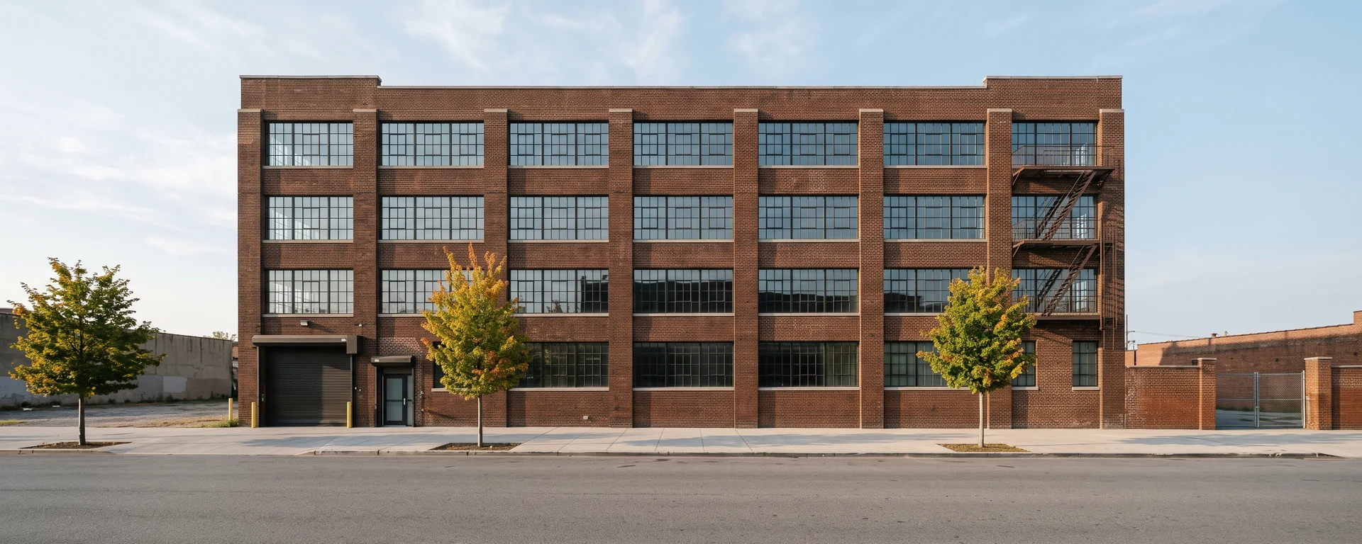 A renovated brick industrial loft building on a quiet New York City street in early autumn light, with restored factory windows and a closed loading door.