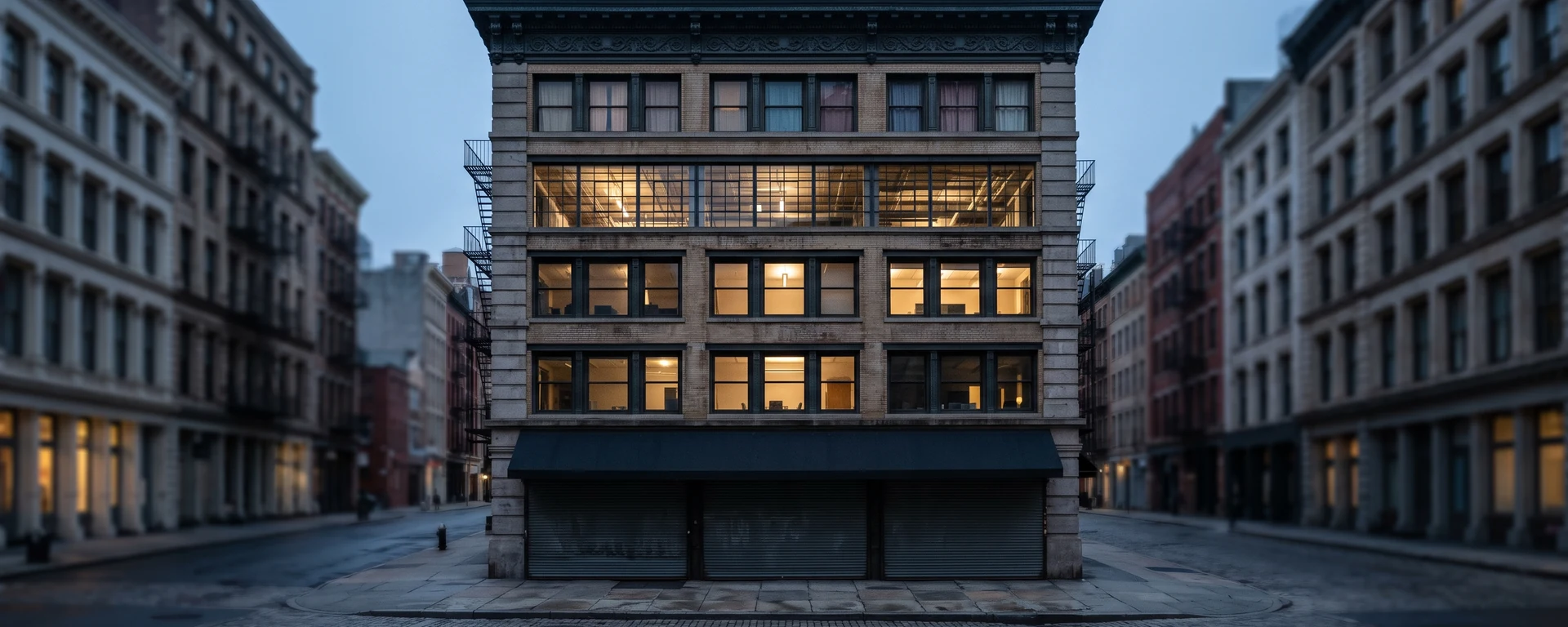 A prewar commercial building at dawn with a shop, offices, a light industrial floor and apartments on different floors.