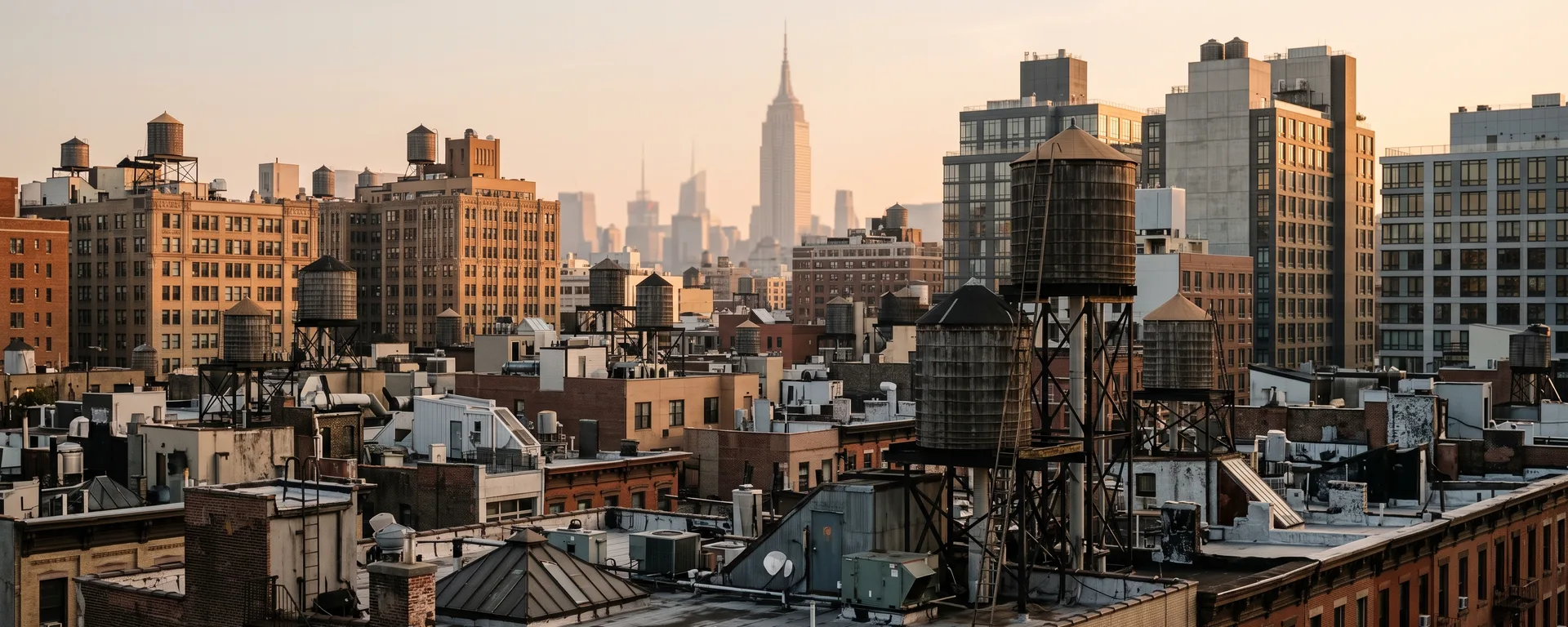 Manhattan rooftops and water towers at golden hour, prewar and modern buildings side by side.