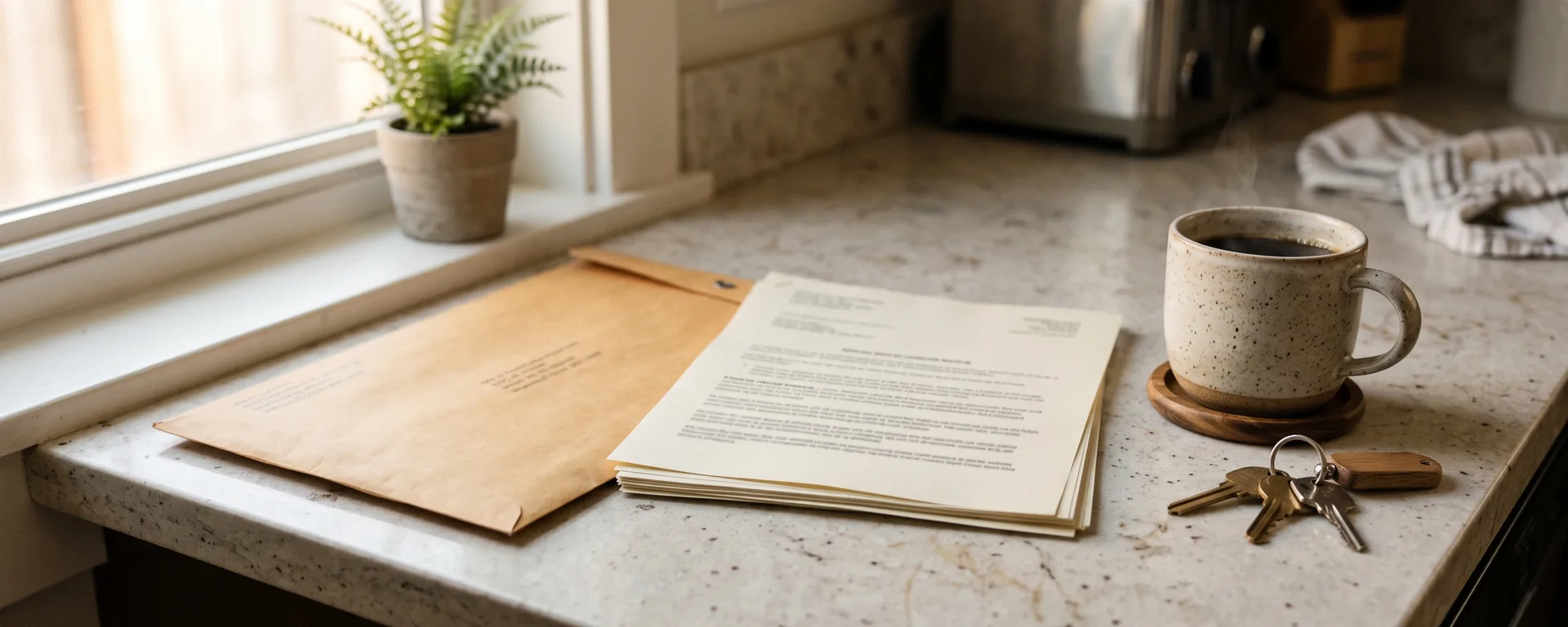 An official envelope and notice on a kitchen counter beside house keys and coffee, the print out of focus.