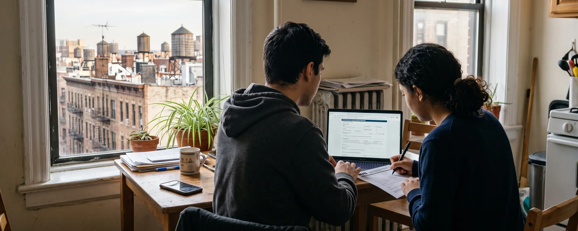 A couple at a kitchen table in a Bronx apartment working on a housing application on a laptop, with rooftops and water towers outside the window.