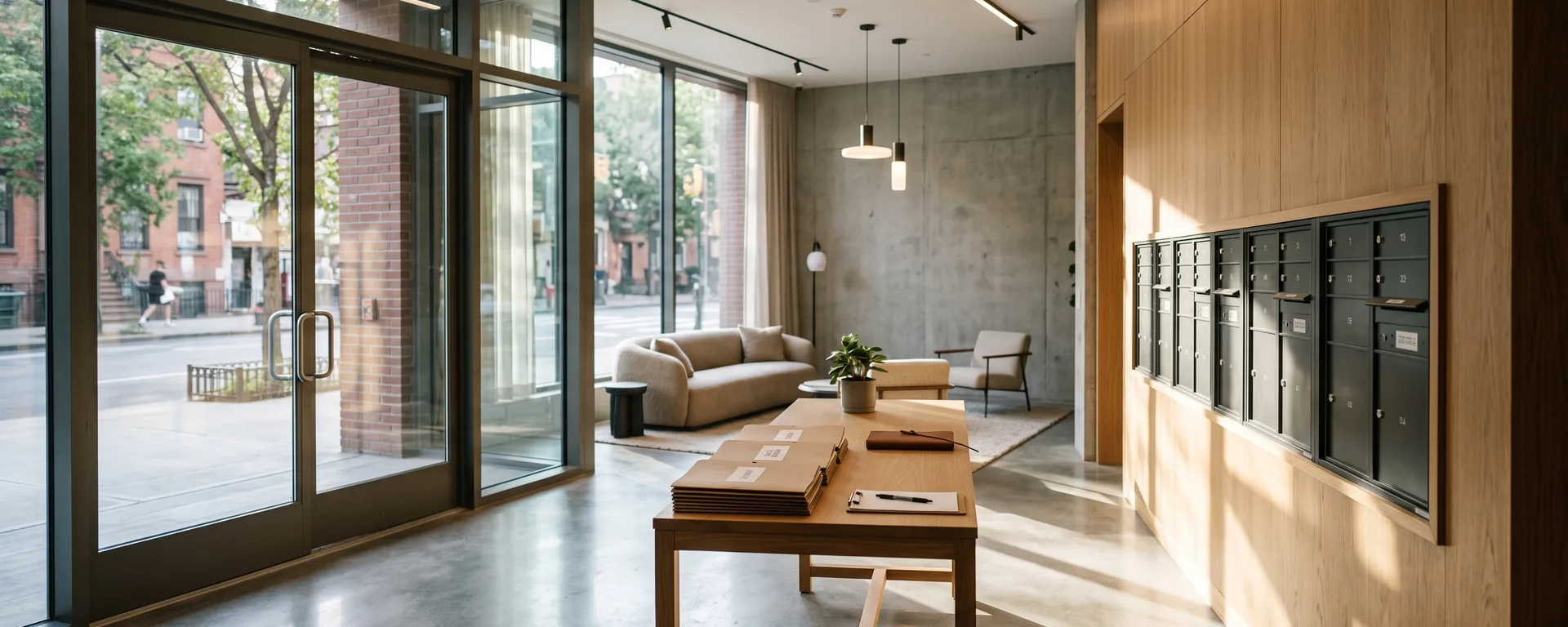 The new lobby of a Brooklyn apartment building on lease-up day, mailboxes and a leasing table in morning light.