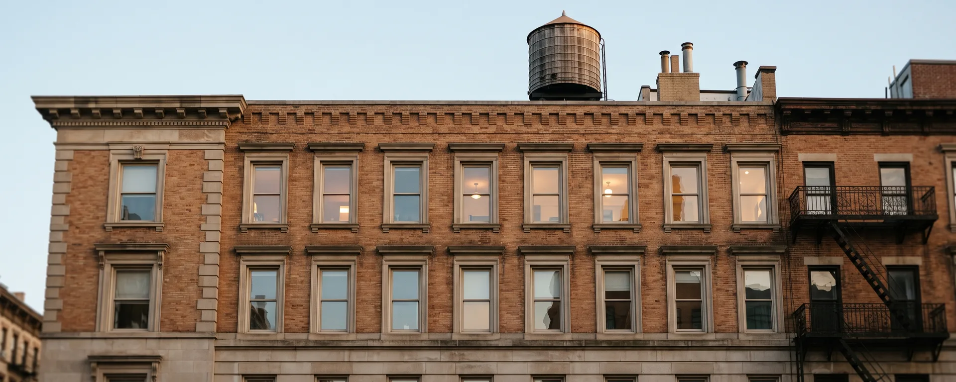 The upper floors of a prewar Manhattan cooperative apartment building in late afternoon light, one window for each apartment, the way the surcharge is assessed unit by unit.
