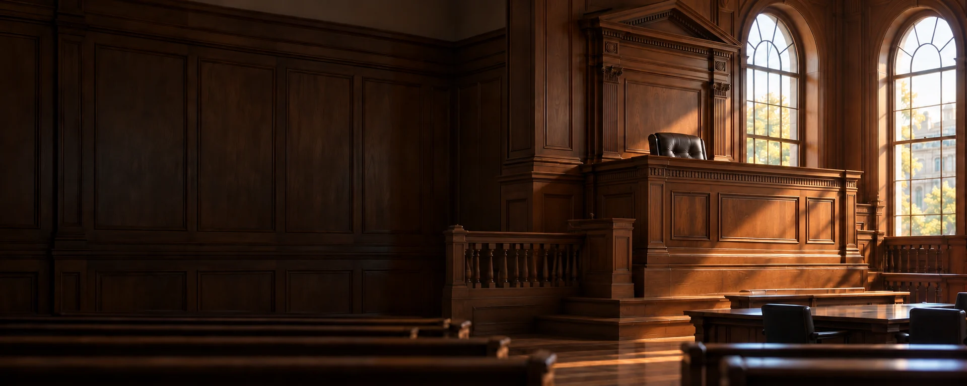 An empty courtroom in warm window light, the judge's bench and an empty chair beside two tall arched windows.