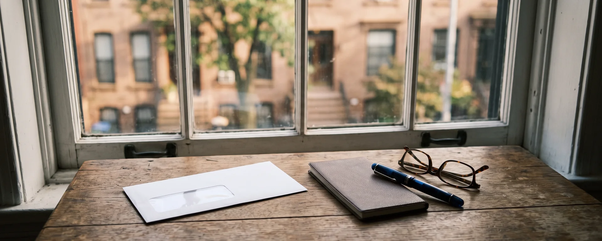 An unopened envelope, a checkbook, reading glasses and a pen on a wooden desk beside a brownstone window in late afternoon light.