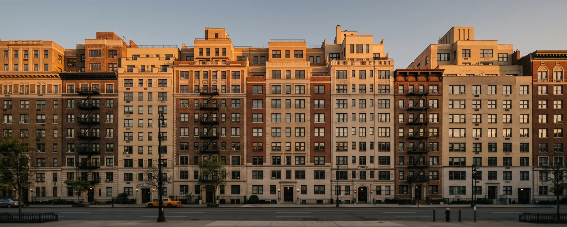 A Manhattan avenue whose apartment buildings rise straight to a shared base height and then step back, their upper floors set behind a terrace line, in low golden light.