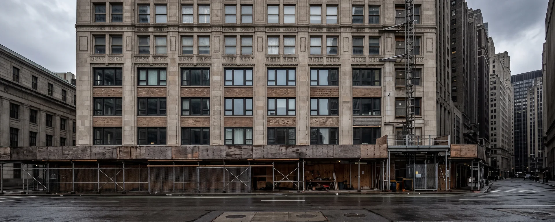 A prewar Financial District office building being converted to apartments, with a sidewalk shed and construction hoist at its base and new residential windows in its lower floors.