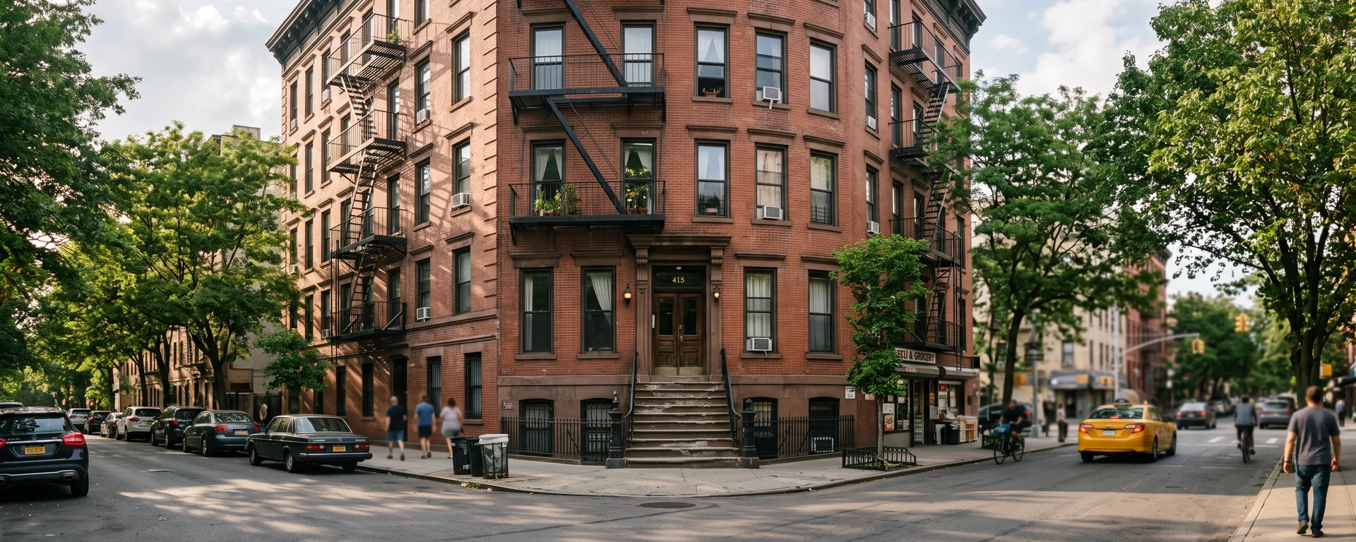 A six-story prewar walk-up in Upper Manhattan with fire escapes and a worn stoop in late afternoon light.