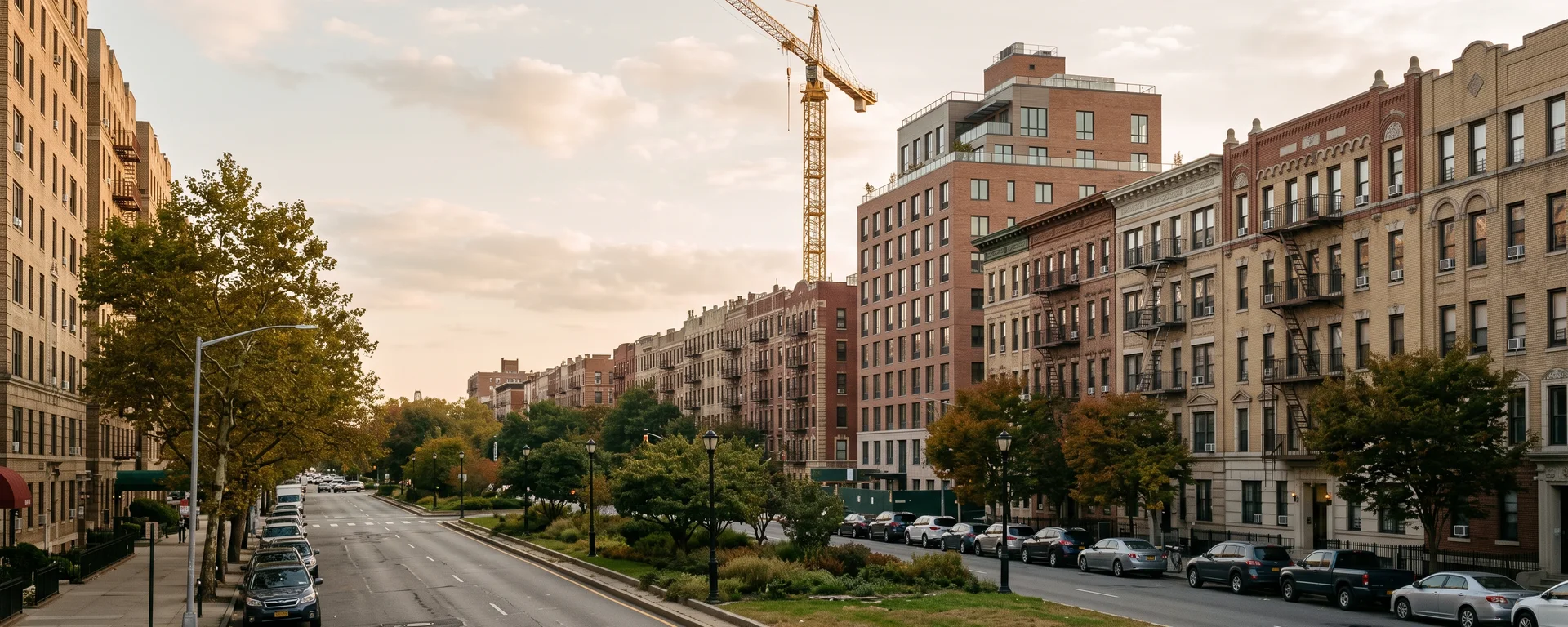 A new brick apartment building standing several floors above the prewar six-story buildings beside it on a wide Bronx boulevard, with a tower crane behind.