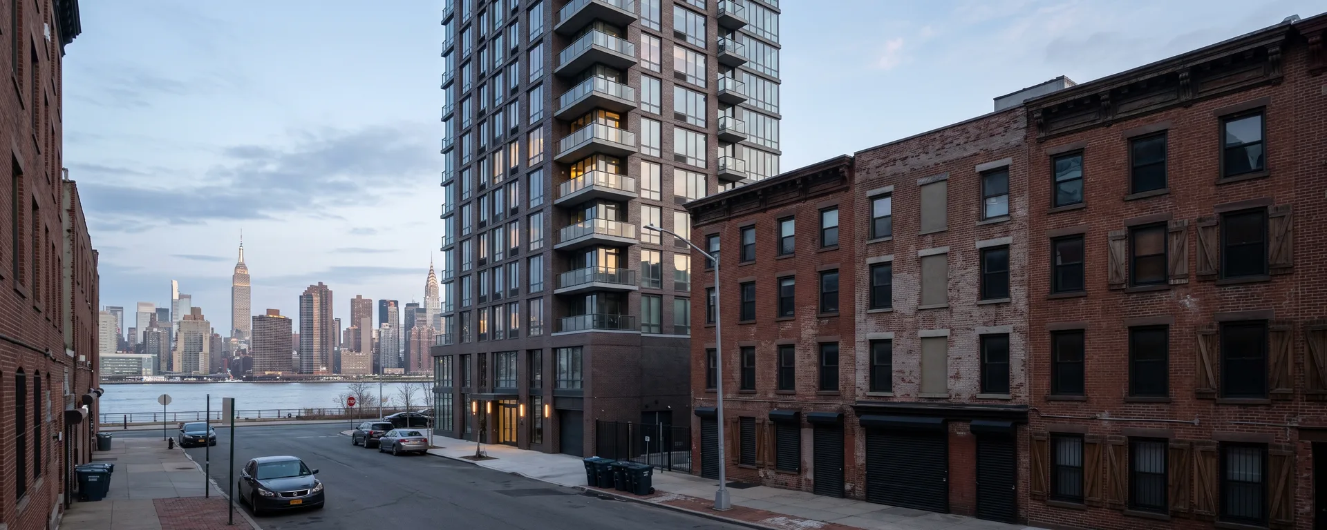 A new residential tower in Long Island City beside older low-rise buildings, Manhattan behind.