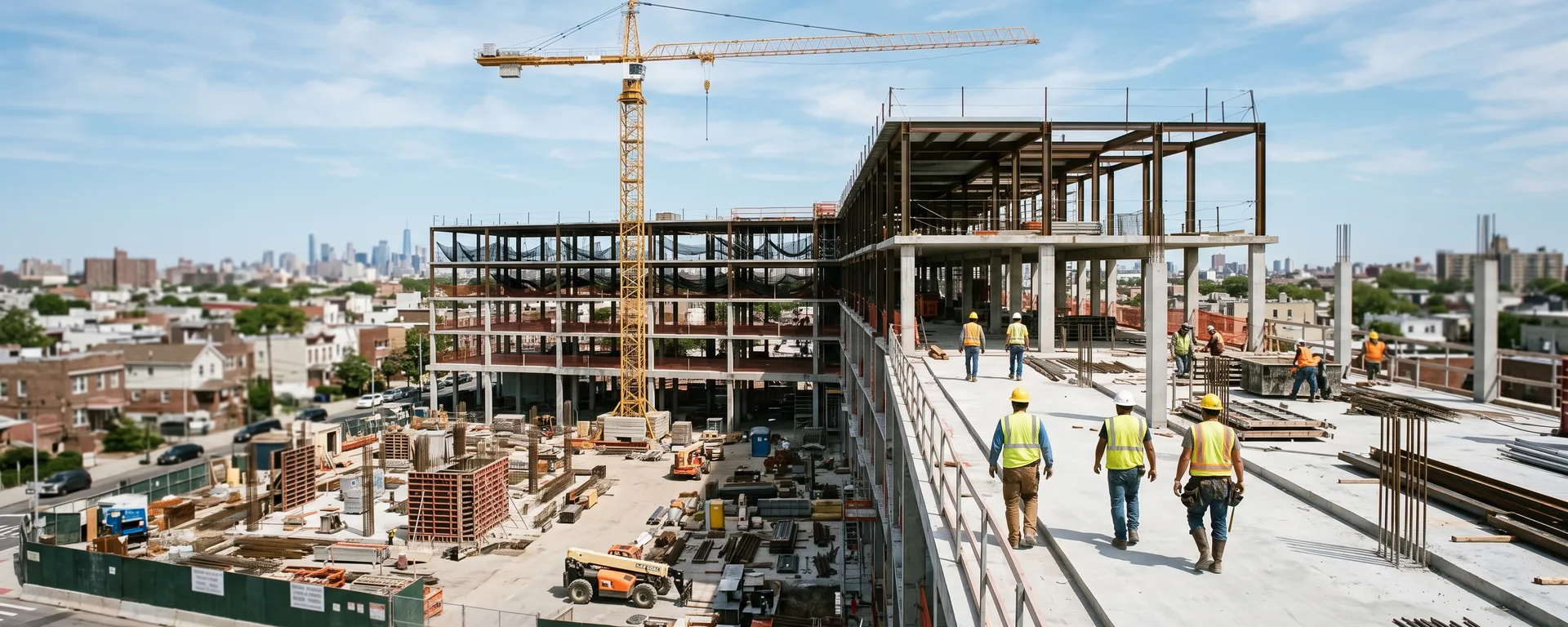 A large residential construction site in Queens, its frame rising under a tower crane.