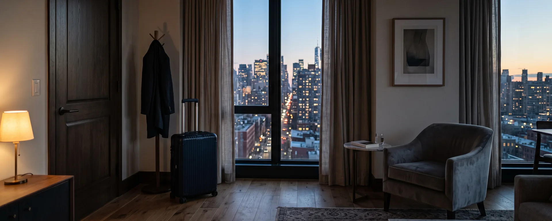A quiet Manhattan apartment at dusk with a suitcase by the door, a home used only occasionally.