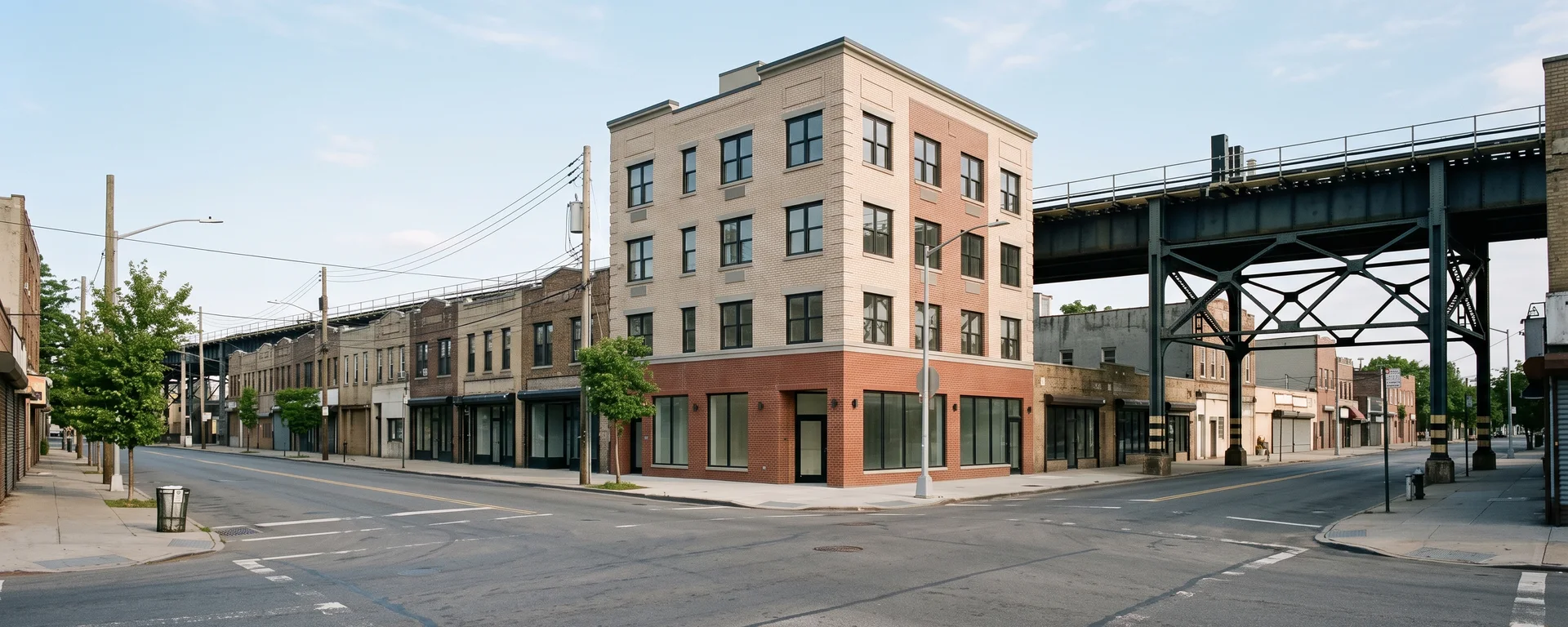 A newly finished four-story building with apartments above a ground-floor shop on an empty Queens commercial avenue, among older two-story shopfronts, with an elevated subway line crossing behind it.