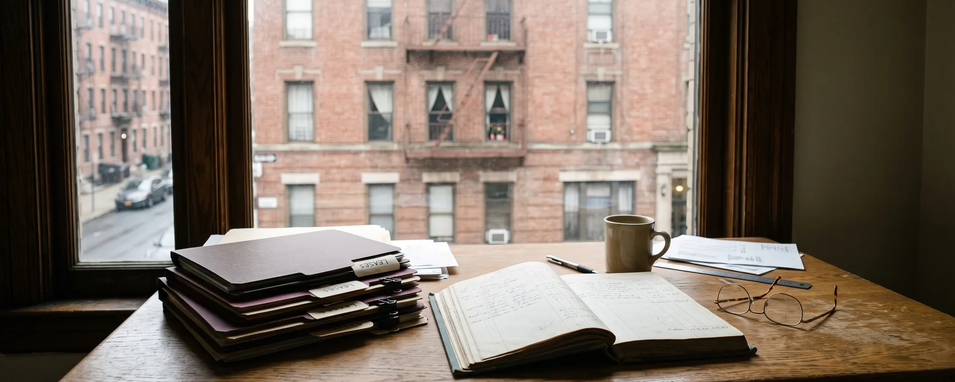 A desk with lease folders and a ledger in front of a window onto a brick apartment building.