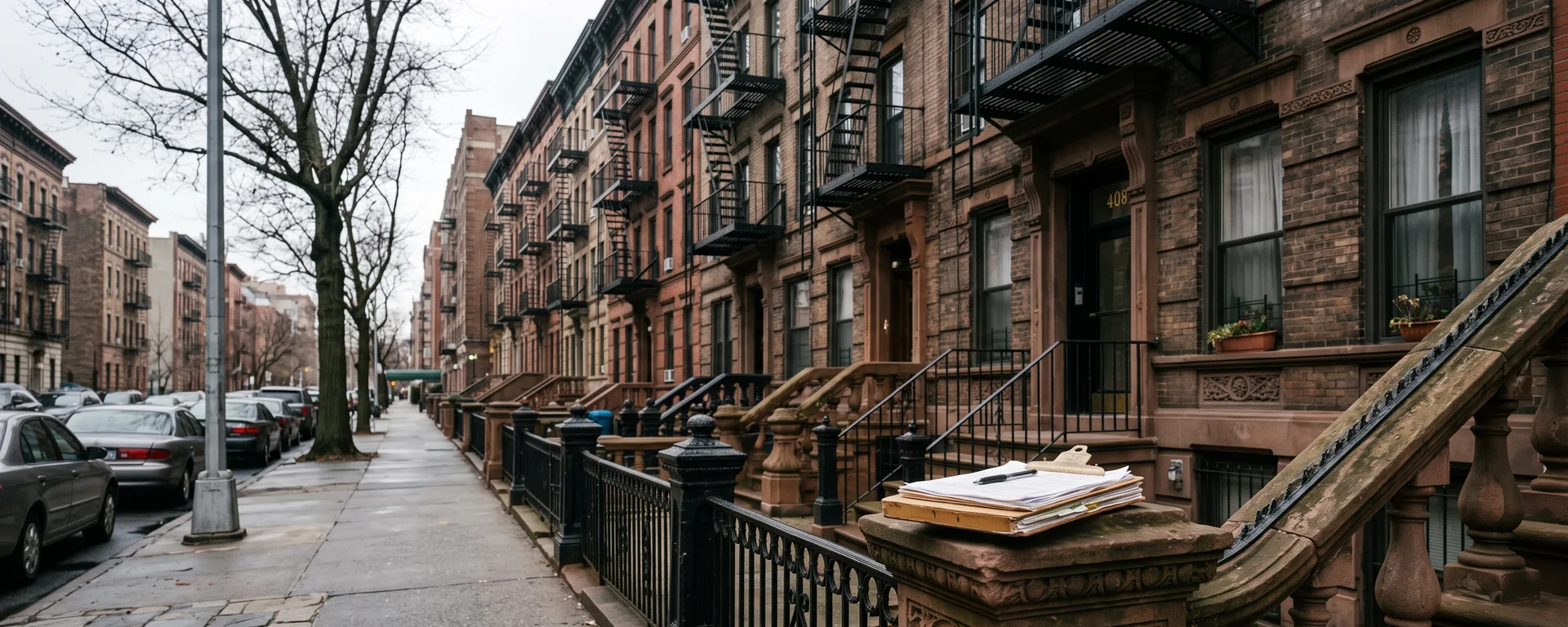 Prewar walk-up apartment buildings in Washington Heights with fire escapes, a clipboard resting on a stoop railing under overcast light.
