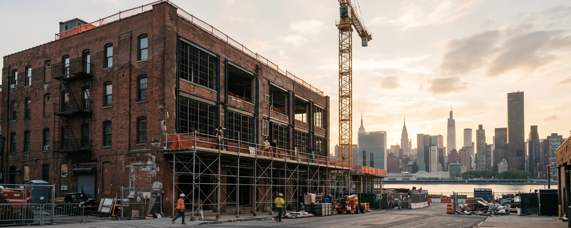 A brick industrial loft building in Long Island City under renovation, with scaffolding, new steel windows and a crane, the Manhattan skyline in the distance.