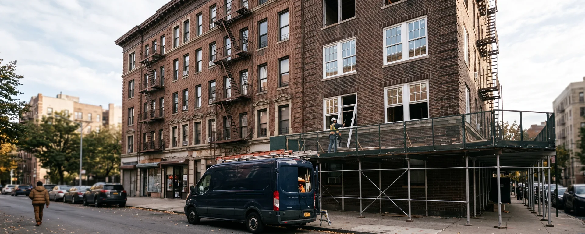 A prewar Washington Heights apartment building mid-renovation, new windows going in behind scaffolding.