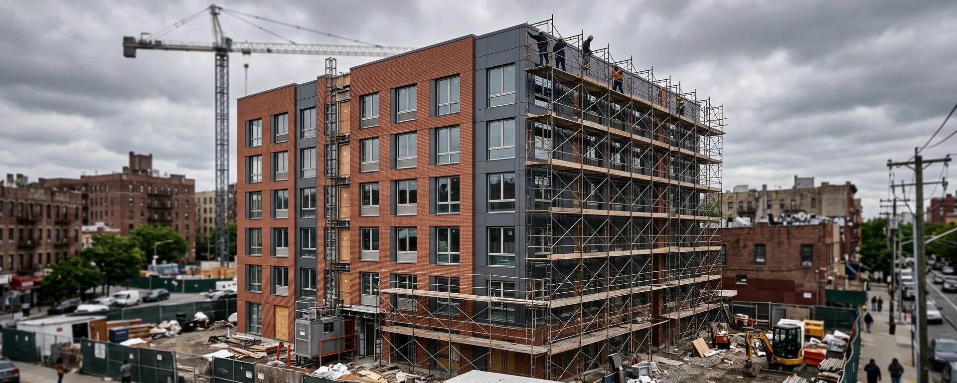 A new apartment building in the Bronx as its scaffolding comes down, crane in the background.