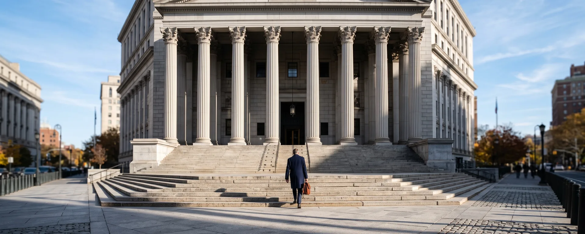 The columns and steps of a New York courthouse on a bright morning, a lone figure with a briefcase climbing them.